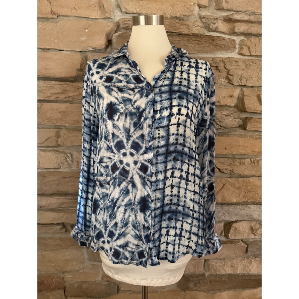 APNY New York Blue White Tie Dye Shibori Cupro Viscose Button Down Blouse Large